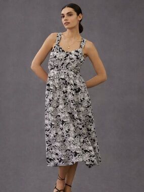 Anthropologie Black & White Floral Midi Dress Linen Blend Vacation Resort Wear